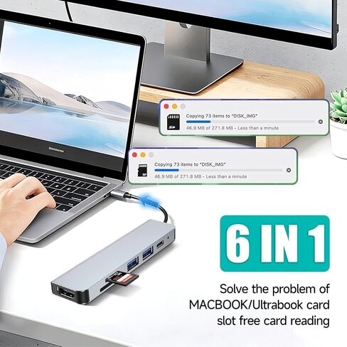 USB-C Hub - 6-in-1 Multi-Functional Dock Features a 4K HDMI Port, a 100W PD Port, Two USB-A Ports, and an SD/TF Card Slot, Compatible with Devices Such as MacBook Pro, Air, iPad, Pro, and XPS. in Saudi Arabia