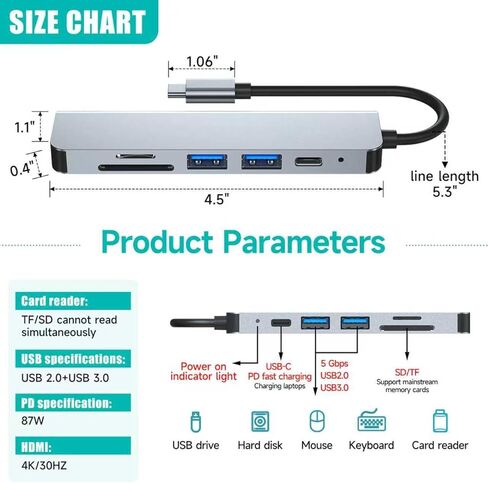 USB-C Hub - 6-in-1 Multi-Functional Dock Features a 4K HDMI Port, a 100W PD Port, Two USB-A Ports, and an SD/TF Card Slot, Compatible with Devices Such as MacBook Pro, Air, iPad, Pro, and XPS. in Saudi Arabia