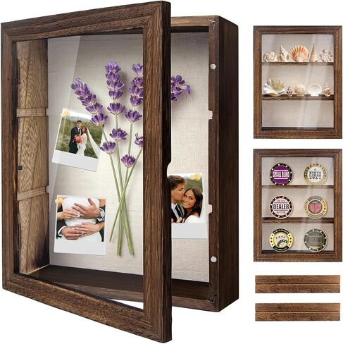 Shadow Box Frame 11x14, Deep Shadow Box Display Case with Linen Back and Removable Shelves, Wooden Memory Box for Wedding Bouquet, Photos, Medals, Keepsakes (Brown) in Saudi Arabia
