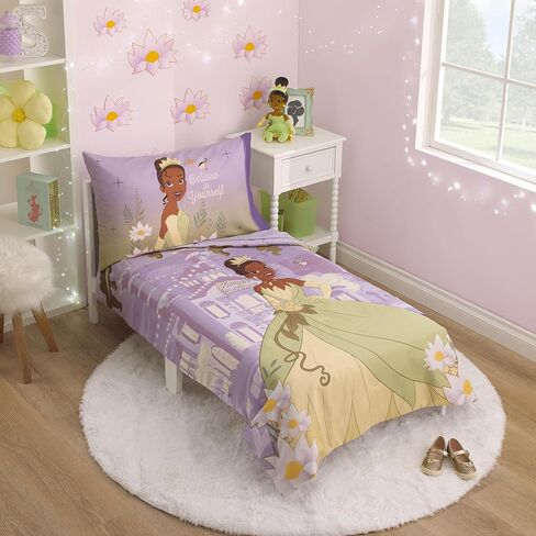 طقم سرير أطفال من 4 قطع من NoJo Disney Princess Tiana Create Your World - لحاف، ملاءة سفلية جاهزة، ملاءة علوية مسطحة، كيس وسادة ذو وجهين، لافندر، أخضر، أصفر in Saudi Arabia