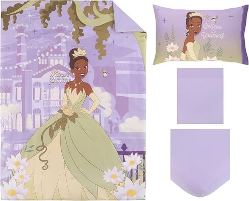 طقم سرير أطفال من 4 قطع من NoJo Disney Princess Tiana Create Your World - لحاف، ملاءة سفلية جاهزة، ملاءة علوية مسطحة، كيس وسادة ذو وجهين، لافندر، أخضر، أصفر in Saudi Arabia