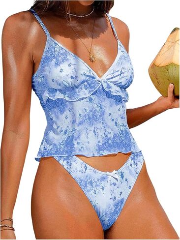 Women's 2 Piece Tankini Swimsuits Floral Ruffle Trim Camisole Bathing Suit Beachwear in Saudi Arabia
