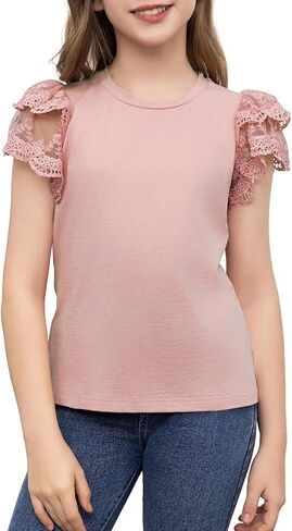 Girls T Shirts Tween Summer Top Teen Crewneck Cute Lace Short Sleeeve Blouse Size 6-15 Years Old in Saudi Arabia