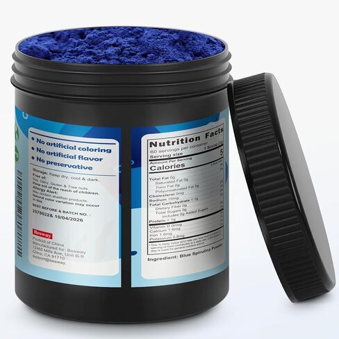 مسحوق سبيرولينا الأزرق 60 جرام، 60 حصة، ملون طعام أزرق طبيعي للخبز والمشروبات والعصائر، مكمل غذائي بروتين نباتي، غير معدل وراثيًا، قابل للذوبان في الماء، عديم الرائحة، بدون أصباغ صناعية in Kuwait