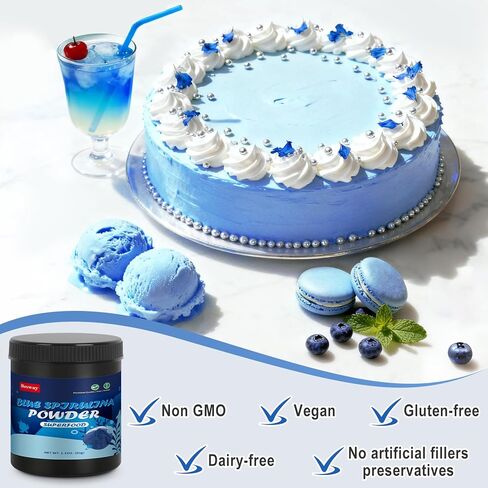 مسحوق سبيرولينا الأزرق 60 جرام، 60 حصة، ملون طعام أزرق طبيعي للخبز والمشروبات والعصائر، مكمل غذائي بروتين نباتي، غير معدل وراثيًا، قابل للذوبان في الماء، عديم الرائحة، بدون أصباغ صناعية in Kuwait