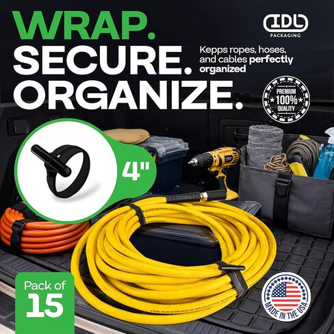 Reusable Zip Ties 4", 15-Pack - USA-Made Heavy-Duty Industrial Stretchable Fasteners - All-Weather Material, UV & Ozone Resistance - Wire Straps to Store Equipment & Declutter Garage by IDL Packaging in Kuwait