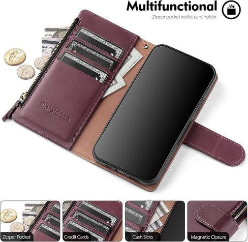 Compatible with Samsung Galaxy S25 FE 5G Wallet Case with Card Holder,Women Men RFID Blocking PU Leather Phone Case Flip Protective Cover Wrist Strap Zipper Credit Card Slots,Wine Red in Saudi Arabia