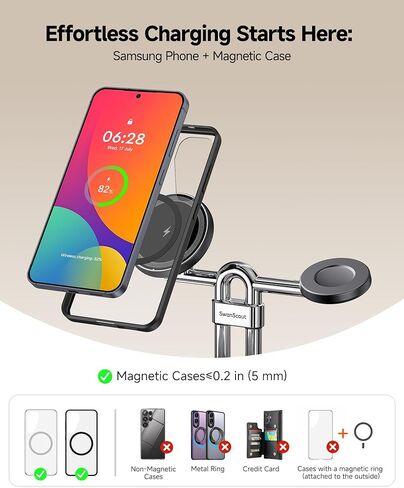 شاحن لاسلكي مغناطيسي 3 في 1 من SwanScout لهواتف Samsung (يحتاج إلى حافظة مغناطيسية)، لهاتف Galaxy Z Fold7/Z Flip/S25/S24/S23/S22، وGalaxy Watch 8/8 Classic/Ultra/7/6/5/4، SwanScout 712SM، بدون محول in Kuwait