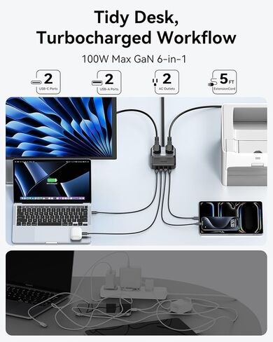 محطة شحن 6 في 1 USB-C، شريط طاقة محمول مع 2 USB C، 2 USB A، 2 AC، شاحن كمبيوتر محمول GaN بقدرة 100 واط لأجهزة MacBook، iPhone 17/16 إلخ، كتلة شاحن سطح المكتب للشحن السريع للمكتب والمنزل والسفر in Kuwait