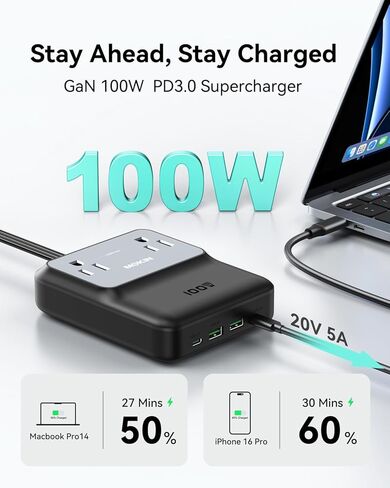 محطة شحن 6 في 1 USB-C، شريط طاقة محمول مع 2 USB C، 2 USB A، 2 AC، شاحن كمبيوتر محمول GaN بقدرة 100 واط لأجهزة MacBook، iPhone 17/16 إلخ، كتلة شاحن سطح المكتب للشحن السريع للمكتب والمنزل والسفر in Kuwait