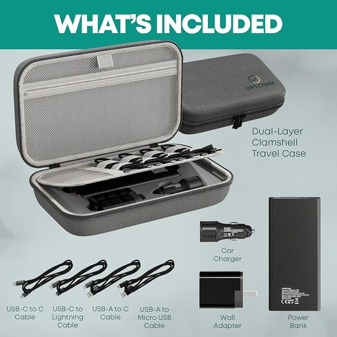 Uptown 7- Piece Travel Charging Tech Bundle – 10,000mAh Portable Charger, 45W GaN Wall Adaptor, 48W Car Charger & 4 Cables with Cord Organizer – Travel Essentials for Phones, Tablets & Laptops in Saudi Arabia