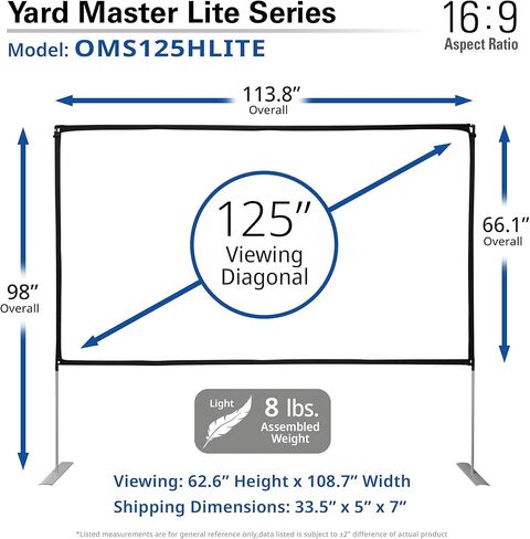 شاشة عرض محمولة من Elite Screens Yard Master Lite مقاس 125 بوصة مع حامل، خالية من التجاعيد 16:9 شاشة أفلام داخلية/خارجية، إعداد سريع، عرض أمامي وخلفي، حقيبة حمل للفناء الخلفي - OMS125HLITE in Kuwait