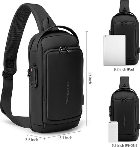 Kingsons 13" Anti-Theft Laptop Sling Backpack. Waterproof nylon, USB port. Ideal for travel, hiking, camping. (FG6301-Black) in Saudi Arabia
