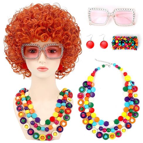 Women Roper Curly Orange Red Cosplay Wig with Necklace Earrings and Sunglasses for Women Hallween Costume Wig in Saudi Arabia