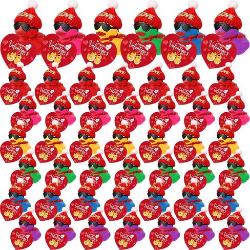 Chivao 48 Pcs Valentine's Day Mini Rubber Ducks with 48 Valentine's Day Cards 48 Sunglasses 48 Hats, Party Favors Holiday Mini Tiny Ducks for Class Gifts in Saudi Arabia