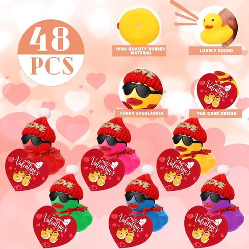 Chivao 48 Pcs Valentine's Day Mini Rubber Ducks with 48 Valentine's Day Cards 48 Sunglasses 48 Hats, Party Favors Holiday Mini Tiny Ducks for Class Gifts in Saudi Arabia