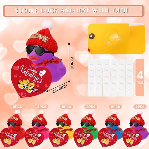 Chivao 48 Pcs Valentine's Day Mini Rubber Ducks with 48 Valentine's Day Cards 48 Sunglasses 48 Hats, Party Favors Holiday Mini Tiny Ducks for Class Gifts in Saudi Arabia