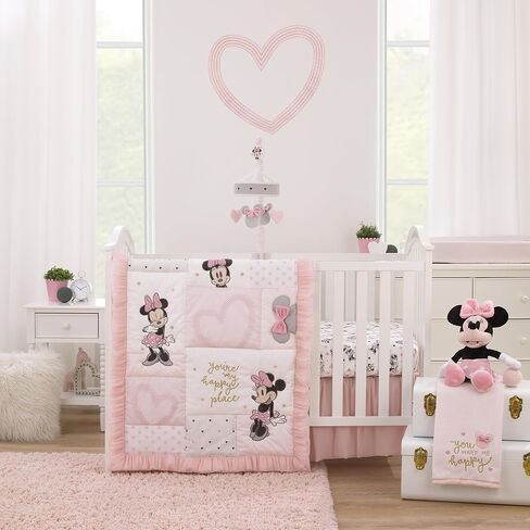 Disney Minnie Mouse My Happy Place Pink, Black, Gray, and White 3 Piece Nursery Crib Bedding Set - Comforter, 100% Cotton Fitted Crib Sheet, and Crib Skirt in Saudi Arabia