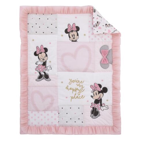 Disney Minnie Mouse My Happy Place Pink, Black, Gray, and White 3 Piece Nursery Crib Bedding Set - Comforter, 100% Cotton Fitted Crib Sheet, and Crib Skirt in Saudi Arabia
