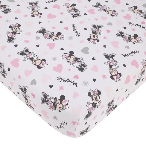 Disney Minnie Mouse My Happy Place Pink, Black, Gray, and White 3 Piece Nursery Crib Bedding Set - Comforter, 100% Cotton Fitted Crib Sheet, and Crib Skirt in Saudi Arabia