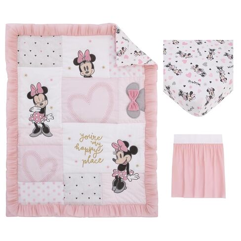 Disney Minnie Mouse My Happy Place Pink, Black, Gray, and White 3 Piece Nursery Crib Bedding Set - Comforter, 100% Cotton Fitted Crib Sheet, and Crib Skirt in Saudi Arabia