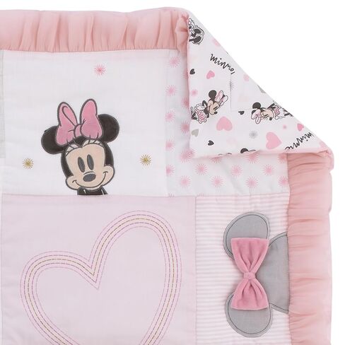 Disney Minnie Mouse My Happy Place Pink, Black, Gray, and White 3 Piece Nursery Crib Bedding Set - Comforter, 100% Cotton Fitted Crib Sheet, and Crib Skirt in Saudi Arabia