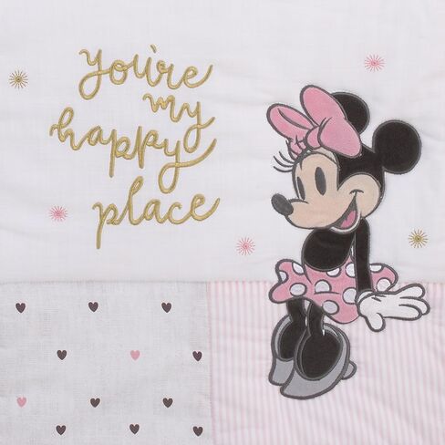 Disney Minnie Mouse My Happy Place Pink, Black, Gray, and White 3 Piece Nursery Crib Bedding Set - Comforter, 100% Cotton Fitted Crib Sheet, and Crib Skirt in Saudi Arabia