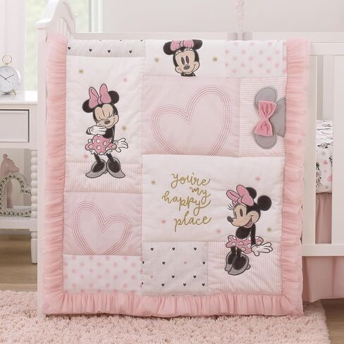 Disney Minnie Mouse My Happy Place Pink, Black, Gray, and White 3 Piece Nursery Crib Bedding Set - Comforter, 100% Cotton Fitted Crib Sheet, and Crib Skirt in Saudi Arabia