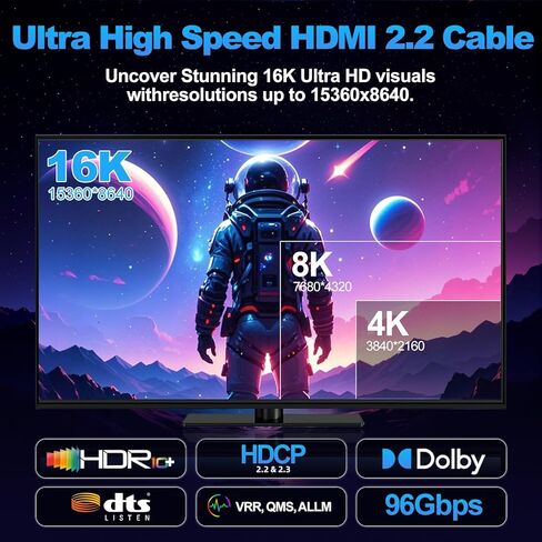 16K 10K 8K HDMI 2.2 Cable 3.3FT/1M, 96Gbps Ultra High Speed Hdmi Braided Cord Support 16K@60Hz 8K@240Hz 4K@480Hz, HDCP 2.2 & 2.3, HDR 10,eARC, DTS:X, for Roku TV/PS5/Blu-ray, Home Theater in Saudi Arabia