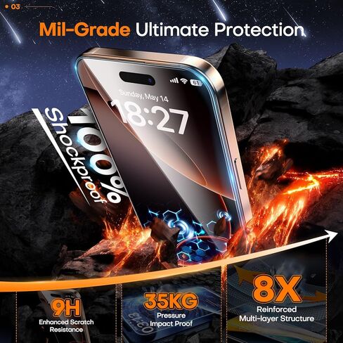 واقي شاشة زجاجي 9H+ لهاتف iPhone 16 Pro Max، زجاج مقسى عالي الدقة مقاوم للكسر بدرجة عسكرية، خالٍ من الفقاعات، صديق للحافظة (تركيب بسحب واحد) - عبوة من قطعتين in Kuwait
