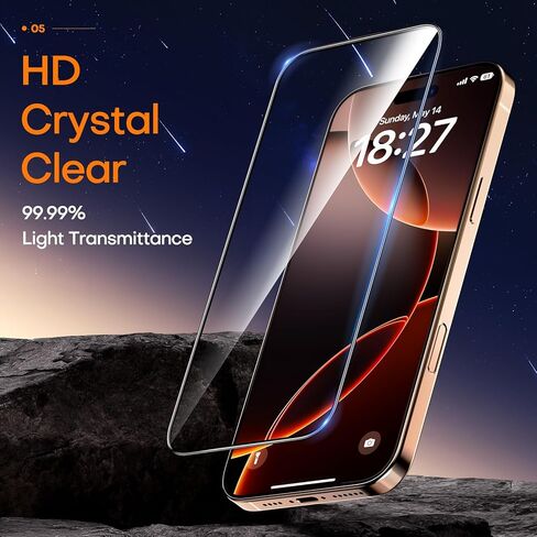 واقي شاشة زجاجي 9H+ لهاتف iPhone 16 Pro Max، زجاج مقسى عالي الدقة مقاوم للكسر بدرجة عسكرية، خالٍ من الفقاعات، صديق للحافظة (تركيب بسحب واحد) - عبوة من قطعتين in Kuwait
