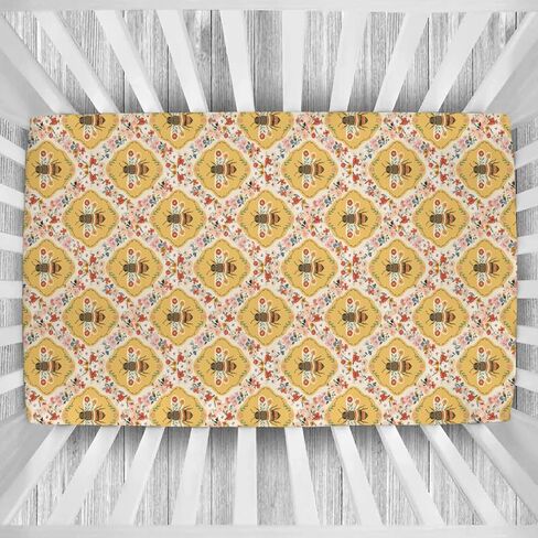 ملاءات سرير الأطفال من Vintage Bees Boho Floral، ملاءة سرير أطفال صفراء على شكل زهور الربيع، غطاء مرتبة سرير مناسب للحديقة الطبيعية لسرير الأطفال القياسي وفراش الأطفال الصغار مقاس 28 بوصة × 52 بوصة in Kuwait