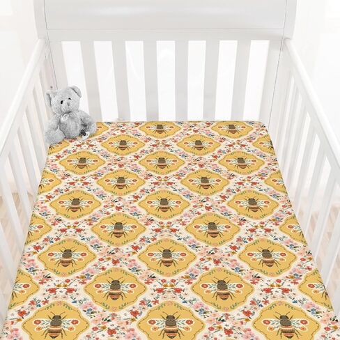 Vintage Bees Boho Floral Baby Crib Sheets Yellow Bees Flowers Spring Baby Sheet Nature Garden Fitted Crib Mattress Cover for Standard Crib and Toddler Mattress 28"x52" in Saudi Arabia
