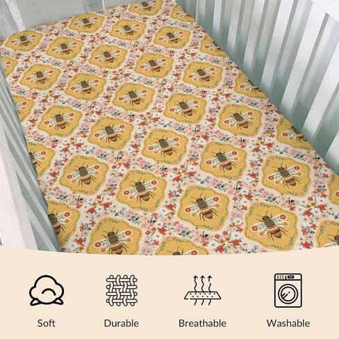 Vintage Bees Boho Floral Baby Crib Sheets Yellow Bees Flowers Spring Baby Sheet Nature Garden Fitted Crib Mattress Cover for Standard Crib and Toddler Mattress 28"x52" in Saudi Arabia