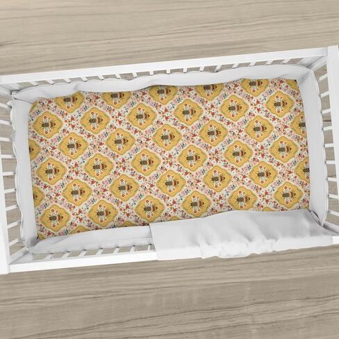 Vintage Bees Boho Floral Baby Crib Sheets Yellow Bees Flowers Spring Baby Sheet Nature Garden Fitted Crib Mattress Cover for Standard Crib and Toddler Mattress 28"x52" in Saudi Arabia