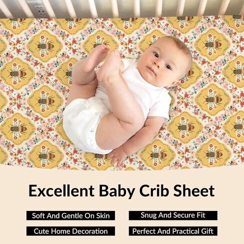 Vintage Bees Boho Floral Baby Crib Sheets Yellow Bees Flowers Spring Baby Sheet Nature Garden Fitted Crib Mattress Cover for Standard Crib and Toddler Mattress 28"x52" in Saudi Arabia