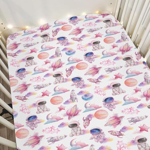 Watercolor Outer Space Baby Crib Sheets for Boy Girl 52x28Inch Cute Astronaut Rocket Planet Moon Soft Snug Fitted Crib Mattress Cover Pastel Cosmos Baby Sheet for Standard Crib & Toddler Mattress Pink in Saudi Arabia