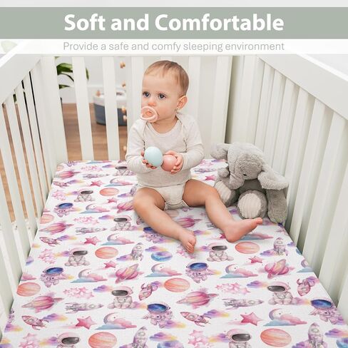 Watercolor Outer Space Baby Crib Sheets for Boy Girl 52x28Inch Cute Astronaut Rocket Planet Moon Soft Snug Fitted Crib Mattress Cover Pastel Cosmos Baby Sheet for Standard Crib & Toddler Mattress Pink in Saudi Arabia