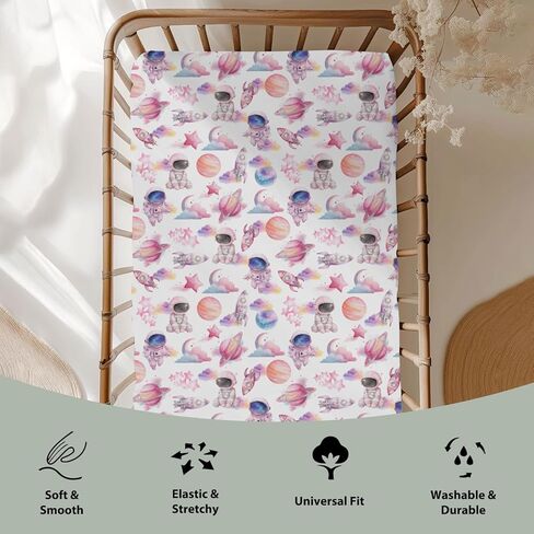 Watercolor Outer Space Baby Crib Sheets for Boy Girl 52x28Inch Cute Astronaut Rocket Planet Moon Soft Snug Fitted Crib Mattress Cover Pastel Cosmos Baby Sheet for Standard Crib & Toddler Mattress Pink in Saudi Arabia