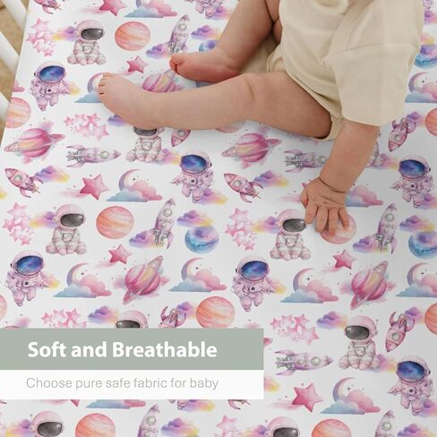 Watercolor Outer Space Baby Crib Sheets for Boy Girl 52x28Inch Cute Astronaut Rocket Planet Moon Soft Snug Fitted Crib Mattress Cover Pastel Cosmos Baby Sheet for Standard Crib & Toddler Mattress Pink in Saudi Arabia