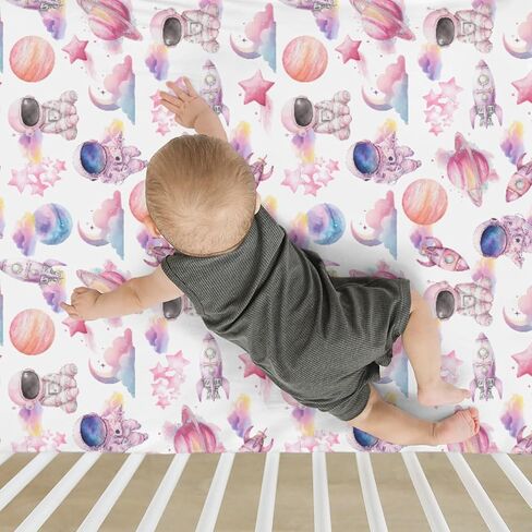 Watercolor Outer Space Baby Crib Sheets for Boy Girl 52x28Inch Cute Astronaut Rocket Planet Moon Soft Snug Fitted Crib Mattress Cover Pastel Cosmos Baby Sheet for Standard Crib & Toddler Mattress Pink in Saudi Arabia