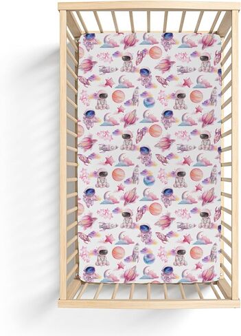Watercolor Outer Space Baby Crib Sheets for Boy Girl 52x28Inch Cute Astronaut Rocket Planet Moon Soft Snug Fitted Crib Mattress Cover Pastel Cosmos Baby Sheet for Standard Crib & Toddler Mattress Pink in Saudi Arabia