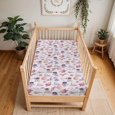 Watercolor Outer Space Baby Crib Sheets for Boy Girl 52x28Inch Cute Astronaut Rocket Planet Moon Soft Snug Fitted Crib Mattress Cover Pastel Cosmos Baby Sheet for Standard Crib & Toddler Mattress Pink in Saudi Arabia