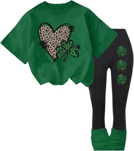 Girl's 2 Piece Leopard Cheetah Outfits Short Sleeve Heart Graphic Tees and Skinny Leggings Sets in Saudi Arabia