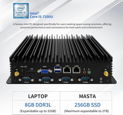 Fanless Mini PC, Intel Core i5-7200U, Windows 11 Pro/Linux, 8GB RAM, 256GB SSD, 6 COM Ports, Dual LAN, 4K HD, VGA, 24/7 Operation Mini Computer in Saudi Arabia