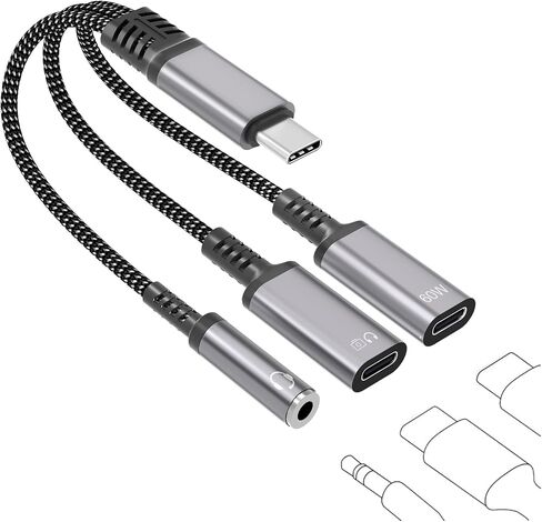 محول سماعة رأس وشاحن USB-C إلى 3.5 مم، 3 في 1 USB C إلى 60 وات شحن سريع لسماعات رأس USB C وسلك دونجل مقبس صوت Aux، متوافق مع iPhone 17/16/15 Pro Max وiPad وGalaxy S25 S24 Ultra in Kuwait