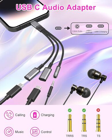 محول سماعة رأس وشاحن USB-C إلى 3.5 مم، 3 في 1 USB C إلى 60 وات شحن سريع لسماعات رأس USB C وسلك دونجل مقبس صوت Aux، متوافق مع iPhone 17/16/15 Pro Max وiPad وGalaxy S25 S24 Ultra in Kuwait