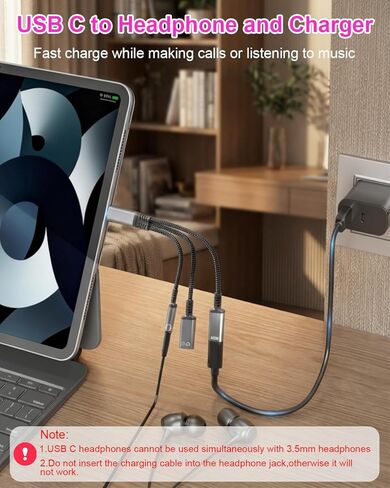 محول سماعة رأس وشاحن USB-C إلى 3.5 مم، 3 في 1 USB C إلى 60 وات شحن سريع لسماعات رأس USB C وسلك دونجل مقبس صوت Aux، متوافق مع iPhone 17/16/15 Pro Max وiPad وGalaxy S25 S24 Ultra in Kuwait