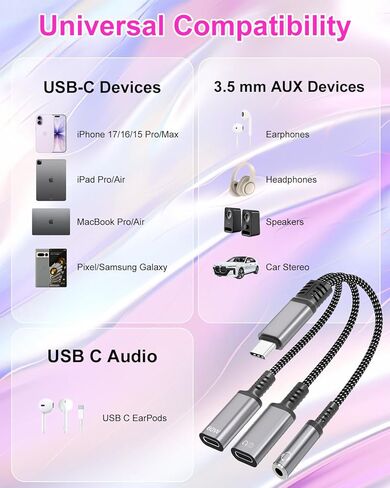محول سماعة رأس وشاحن USB-C إلى 3.5 مم، 3 في 1 USB C إلى 60 وات شحن سريع لسماعات رأس USB C وسلك دونجل مقبس صوت Aux، متوافق مع iPhone 17/16/15 Pro Max وiPad وGalaxy S25 S24 Ultra in Kuwait