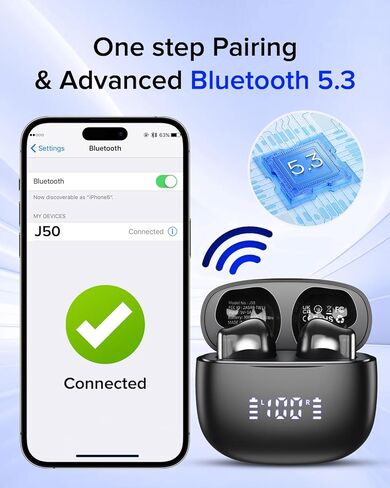 سماعات أذن لاسلكية، سماعات رأس بلوتوث 5.3، وسادات أذن بشاشة LED 48 ساعة، سماعات أذن بلوتوث مع ميكروفون لإلغاء الضوضاء، ستيريو هاي فاي، مقاومة للماء IP7، لهواتف الكمبيوتر المحمول باللون الأسود in Saudi Arabia